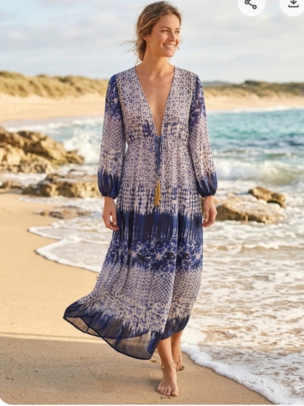 Blue Island maxi beach coverup with blue floral tie dye pattern with tassels